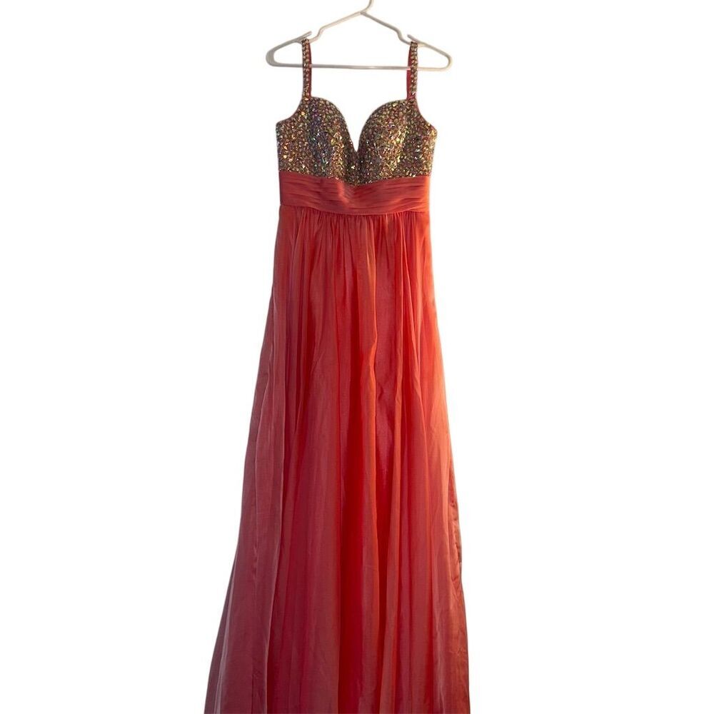 La Femme Women's Size 6 Pink Coral Long‎ Prom Dress with Iridescent Beads